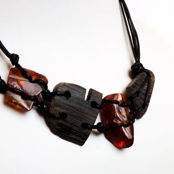 Amber And Wood Necklace With Leather String