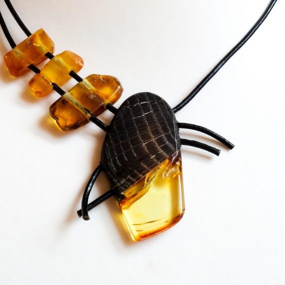 Unique Amber And Wood Necklace With Leather String
