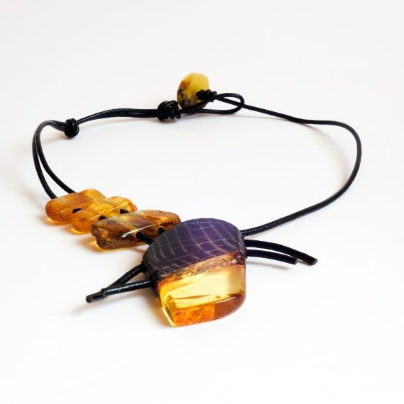 Unique Amber And Wood Necklace With Leather String